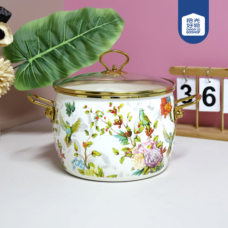 Enamel Pot Model 2202 (22cm) - Gold Rimmed "Orioles Singing & Swallows Dancing" Design M.65 JPDB