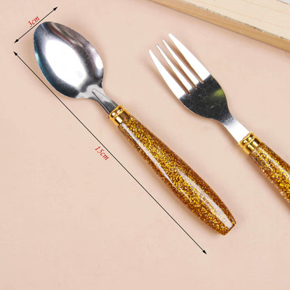 8082 Gold Glitter Baby Feeding Spoon & Fork Set M.66