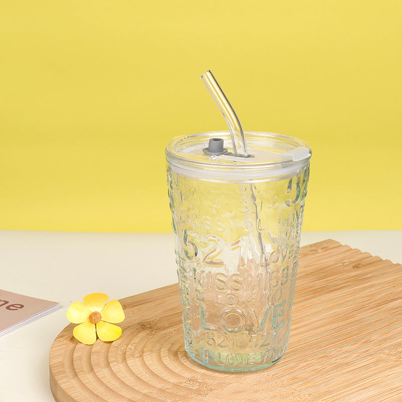 521 Heart Gesture Glass Cup with Straw and Lid (480ml) M.17