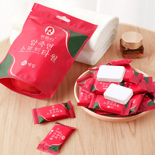 Five disposable compressed towels in a bag M.27