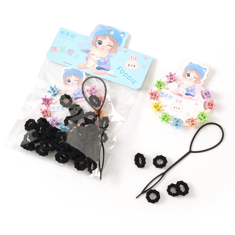 M42 Coleteros de tela de rizo negros + minipinzas + bolsitas para hacer moños (50 unidades) 