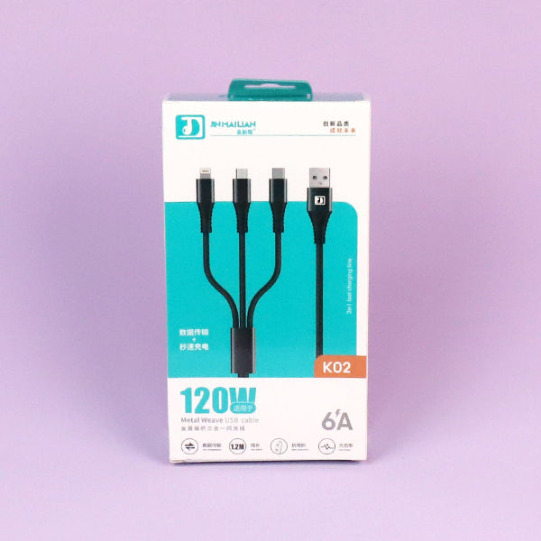 K02 Flash Charging 3-in-1 Data Cable 1.2M - Universal for iPhone/Android/Type-C A.12 JPDB