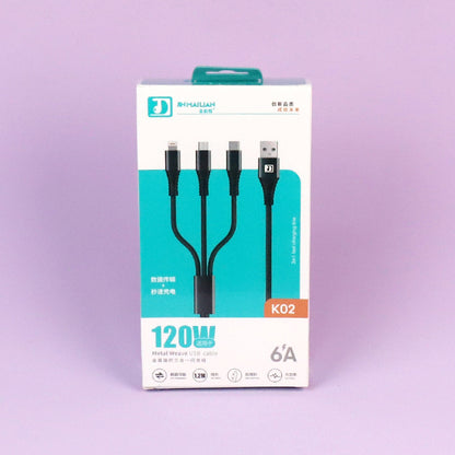 K02 Flash Charging 3-in-1 Data Cable 1.2M - Universal for iPhone/Android/Type-C A.12 JPDB