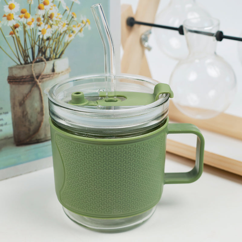 400ml Plastic-Shell Dual-Drinking Glass Cup with Handle Straw & Lid M.17