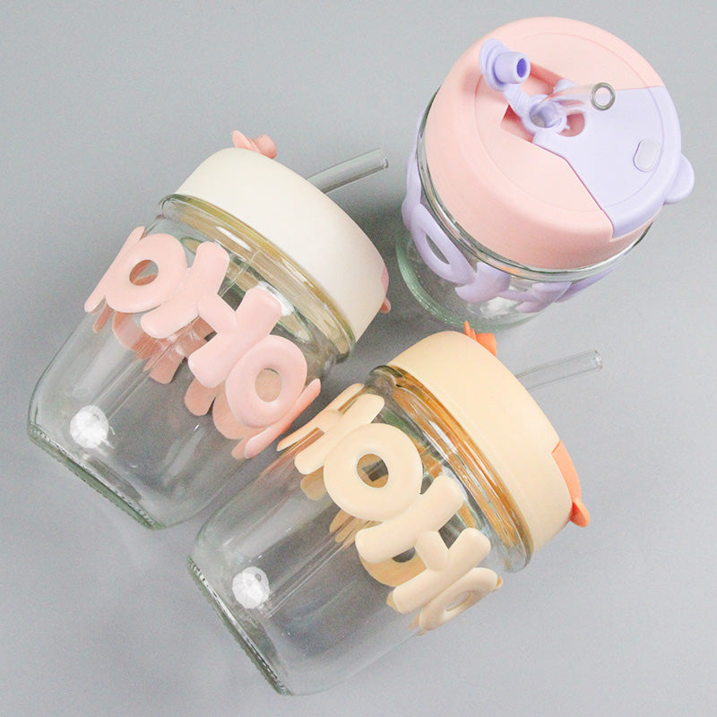 320ml Dual-Drinking Cup with 7mm Alphabet Glass Straw & Lid M.17