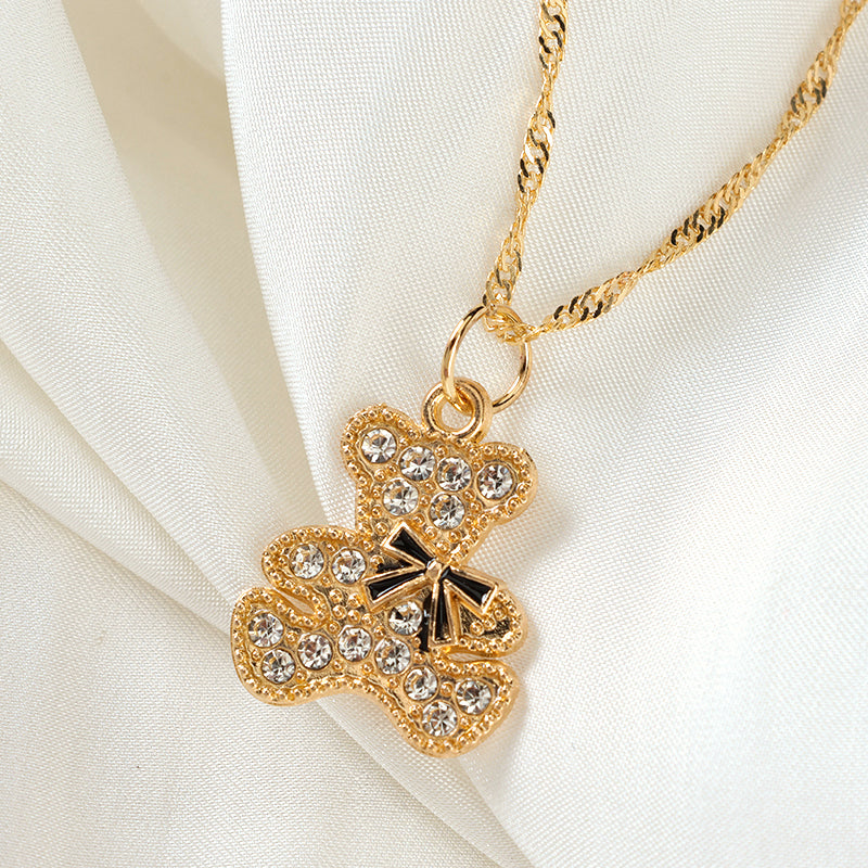 New - style Crystal Bow - tie Bear Necklace M.43